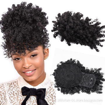 Short Afro Kinky Curly Drawstring Ponytail With Bangs Wig Hair Bun Chignon Clip in Pony Tail Synthetic Hair Extensions